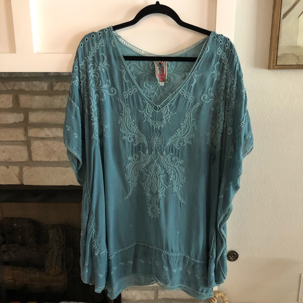 Embroidered Teal V-Neck Women Top
